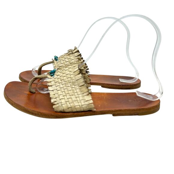 Henry Cuir Slide Sandals Leather‎ Woven Rattan Beaded Tan Brown Size 38 US 8 - Picture 9 of 13